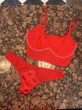 Auden Red Rhinestone Trim Bra Top & Bikini Bottom Set